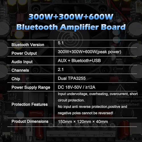 Image of ZK-AS21P Bluetooth Amplifier Board - 300W+300W+600W Output, 18-50V DC Wide Voltage Input, Vehicle Amplifier (External Potentiator)