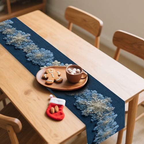 Image of Nuxovilar Blue Snowflake Table Runner Flax 13x72 in | Holiday Runner Flax Placemats Dining Accessories Set Winter Dinner Holiday Event Room (Blue Snowflake)