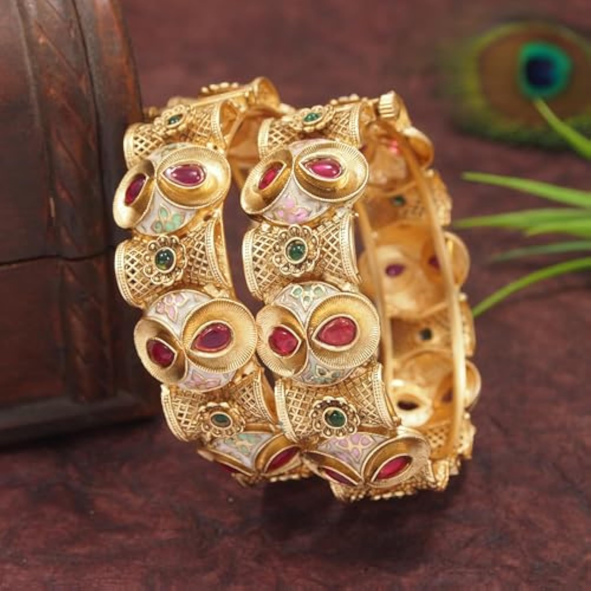 Traditional Gold-Plated Antique Bangles with Ruby & Green Stone