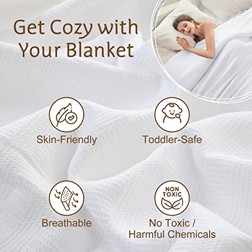 Lbro2M Waffle 100% Cotton Blanket Queen Size (90"X90"，Warm Lightweight Breathable Bed Sofa Couch Throws,Super Soft Knit Weave Travel For All Season,White #TOP3