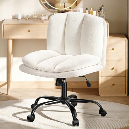 Hzuaneri Silla de Escritorio para Casa con Asiento Ancho, Silla de Oficina Giratoria con Función de Balancín, Silla de Chenilla para Sentarse con Piernas Cruzadas, Sillón de Salón y Dormitorio, Beige