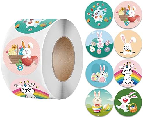 HAUTN 500pcs Easter Stickers for Kids & Teens Cute Easter Bunny Label Stickers 1 inch Self Adhesive Decoration Stickers for Home/ Easter Party/ Book/ Gift Bag Decorations & Crafts 1 Roll 8Designs