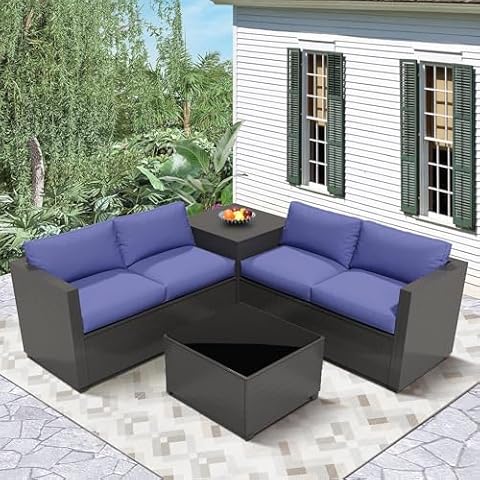 Ainfox 4 Pcs Outdoor Patio Sectional Furniture Sofa Set, Wicker Furniture Sets, Patio Conversation Sets with Glass Table & Storage Box for Garden, Poolside, Backyard, Blue Cover
