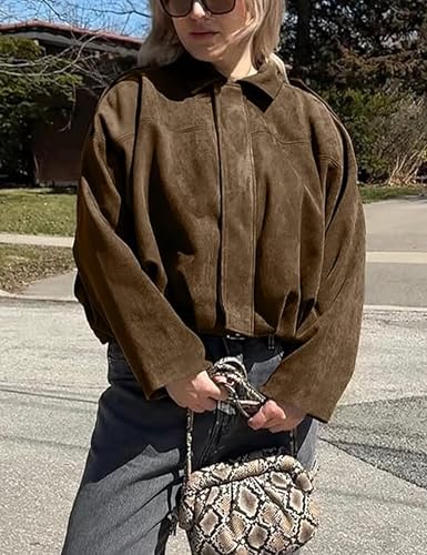 Women's Cropped Suede Bomber Jacket Long Sleeve Zipper Y2k Pilot Outerwear3