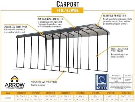 Arrow 14' x 20' x 14' 29-Gauge Metal RV Carport and Multi-Use Shelter for Large Vehicles- Charcoal — view 8