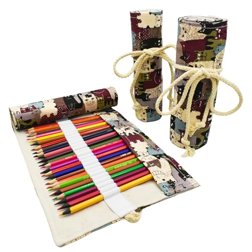 Image of Cat Canvas Pencil Wrap Case Kitty Colored Roll Up Holders Kitten Pencil Organizers for Artist Adult Sketch Travel Storage With 72 Slots(Animals)