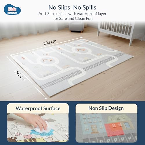 Image of Kids Station Double-Sided Waterproof Baby Playmat - Foldable, Portable & Reversible Foam Mat for Infants, Toddlers & Kids - Soft, Non-Slip, Easy-to-Clean Baby Crawling Mat for Indoor /Outdoor Use (200x150x0.6cm, Bear & Moon-Star Print)