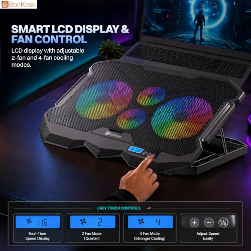 Image of Bonkaso Laptop Cooling Pad for Up to 17 Inch Laptops, 4 RGB Fans, 1900 RPM, Smart LCD Display, 2 /4 Fan Modes, 8-Level Height Adjustment, Dual USB Ports, Iron Mesh, 21 dBA, Black