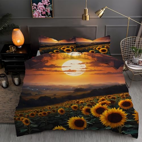 布団カバー キング ひまわり|マイクロファイバー 掛け布団カバー 230x210 +枕カバー 2枚 3点セット|吸汗速乾・防静電気・洗濯耐久|肌ざわり最高 夕焼け風景 なプリントデザイン ZP744