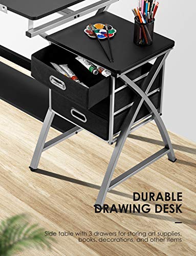 Kealive Adjustable Drafting Table Drawing Desk with Padded Stool, X Cross Art Desk Craft Station with 3 Storage Drawers and Thick MDF Desktop, Black