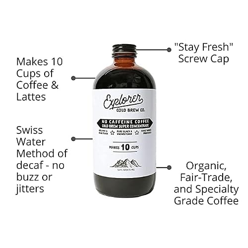 Explorer Cold Brew Coffee Concentrate | Swiss Water Process Organic Decaf | 16 Fl Oz I Gluten Free Instant Liquid Mix | Iced Or Hot | Makes 10 Cups | No Caffeine (0-2 Mg/Oz) #TOP1