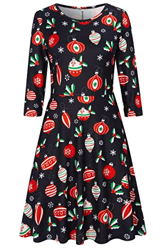 AIDEAONE Damen Weihnachten Kleid Kostüm Langarm Midi Weihnachtskleider Lustig Druck
