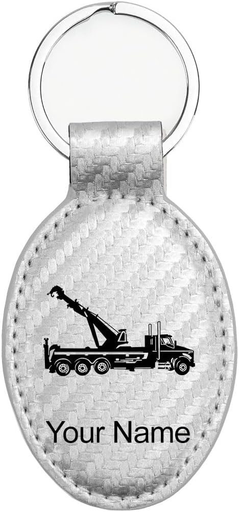 LaserGram Oval Keychain, Tow Truck Wrecker, Personalized Engraving Included (Carbon Fiber Silver)