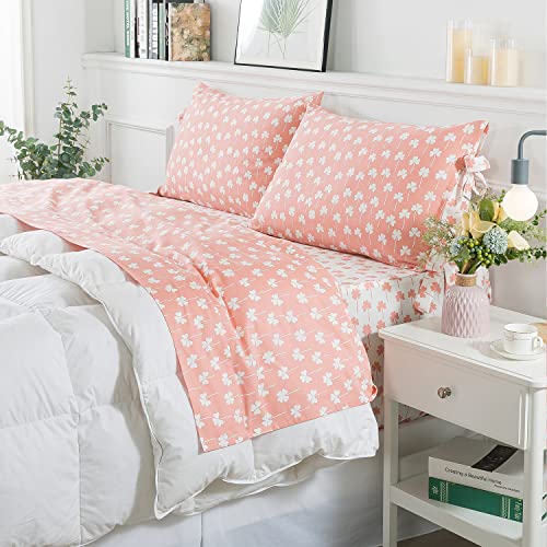 Fadfay Extra Deep Pocket Sheets Super Soft Cotton Botanical Leaf Pattern Pink White Bed Sheet Nature Farmhouse Bedding Luxury Clover Printed 18-23 Inches 4Pcs, Cal/California King #TOP6