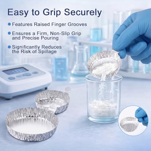 Image of 250 Pcs Aluminum Foil Weigh Boats Multi-Size (50L, 100M, 100S), Disposable Sample Pans with Handle for Lab Moisture Analyzers, Analytical Balance, Epoxy Resin, Powder & Liquid Weighing