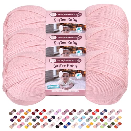 Image of 3 Skeins of Makromecity Softee Baby Yarn,%100 Premium Anti-Pilling Acrylic, 3.5 Oz, 273 yd (100gr /250 mt) Each, Soft Yarn for Crocheting and Knitting (Powder, 3 Skeins)