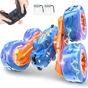 SpringFlower Remote Control Car Toy for Boys 3 4 5 6 7 8 Years Olds, Rechargeable Dinosaur RC Cars,360° Flip Double Sided RC Stunt Cars with Led Light, Dinosaur Toys for Kids Birthday Xmas Gifts,Blue