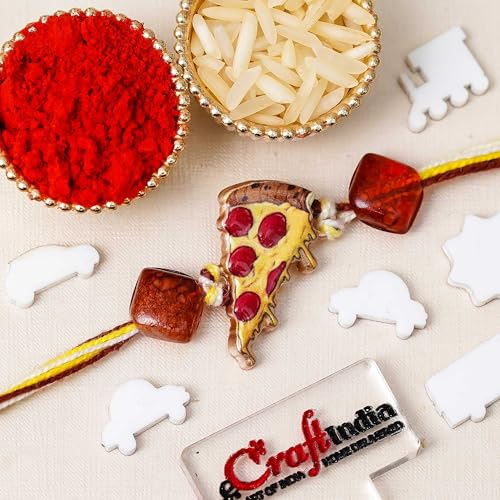Image of eCraftIndia Pizza Slice Rakhi for Brother with Gift Combo Set Hamper | Raksha Bandhan Rakhis for Kids Bhai Bhaiya | Best Bro Ever Fridge Magnet | Roli Chawal Pack