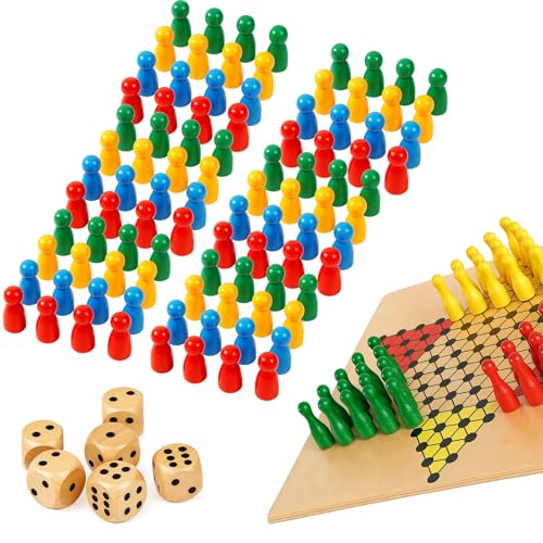 kaiyaya 102 Pièces Pions de Jeu en Bois, Set de Pions Contient 96 Cônes Colorés et 6 Dés, Figurines de Jeu Colorées, Pions en Bois pour colorées Jeux de Société (Rouge, Bleu, Jaune, Vert)