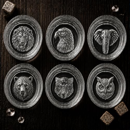 Image of Melbify Plain Animal Whiskey Glass Set | 300 ml | 6 Pc | Whisky Glass with Lion, Eagle, Elephant, Wolf, Bear & Owl Base Design | Heavy Bottom Drinking Glasses | Premium Gift Box