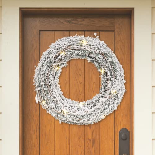 Light Up LED Festive Decorative Christmas Wall Door Hanging Wreath | Battery Operated Pre Lit Xmas Wreath (Rattan & Snowy White Faux Pine Leaves, 30cm with 20LEDs)