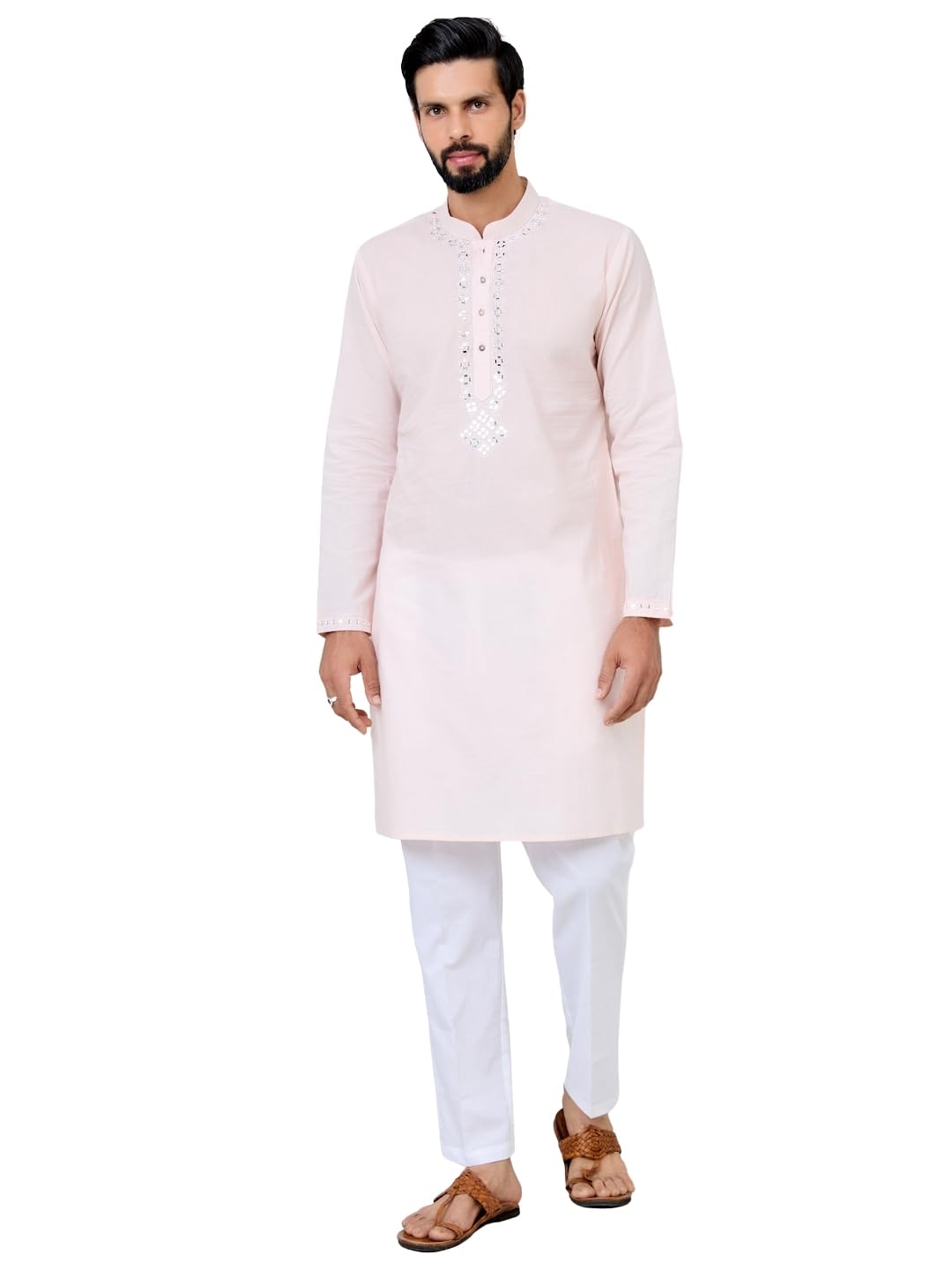 see designs Men's Full Sleeve Mandarin Collar Ethnic Motifs Embroidered Sequinned Mandarin Collar Straight Long Kurta - Festive Collection-picture-13