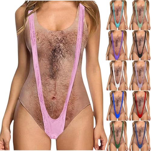 Borat Anzug für Frauen Lustiger Borat Mankini Badeanzug Damen mit Behaart Brust Bedruckt Bedruckt Einteiler Strandmode mit Brustpolstern Blickdichter Monokini für lustige Strandoutfits