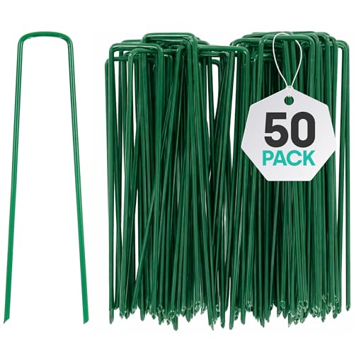 LIVIVO U-Shaped Garden Pegs 50 Pack - Weed Membrane Pegs for Securing Lawn Weed Control Membrane Artificial Grass Pegs Matting and Netting Galvanized Staples Pins Ground Pegs - Green