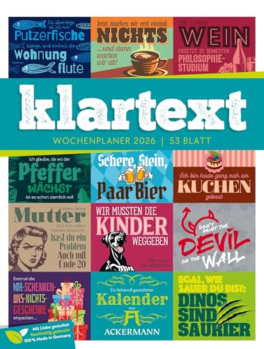 Klartext Sprüchekalender Wochenplaner 2026 | Humorvoller Typo-Wochenkalender im Hochformat (25x33 cm) | Mit lustigen Sprüchen und Rätseln