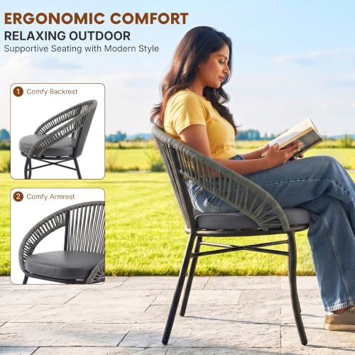 Image of DEVOKO Bliss 4 Seater Outdoor Patio Rope Conversation Set with Glass Top Table (Grey /Dark Grey), Powder-Coated Metal Frame & Water-Resistant Cushions for Balcony, Garden, Terrace
