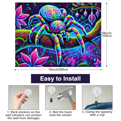 Image of BlissYard Neon Spider Forest Fantasy UV Black Light Tapestry 78x59 Inches Art Color Neon Light Background Bedroom Living Room Wall Party Decoration Psychedelic Web Nature Jungle Creepy Cool Decor