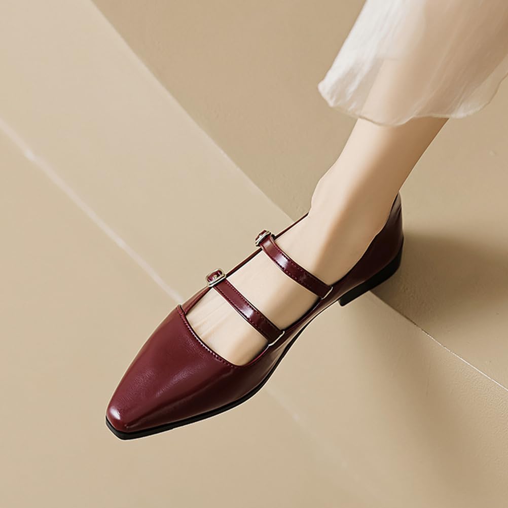 Damskie buty z podwójnym paskiem Mary Jane Flats, szpiczasty nosek z klamrą - dostępne w kolorze morelowym, czarnym i bordowym