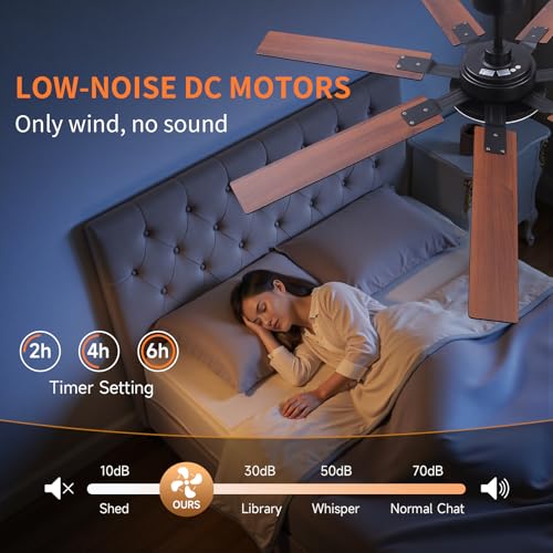 Image of 64 Inch Ceiling Fans with Lights and Remote, Bedroom Living Room Office Library Cafe Outdoor Industrial, 5CCT Dimmable, Dual Color 7 Blades, 6 Speed Reversible Quiet DC Motor, Black /Wood Grain
