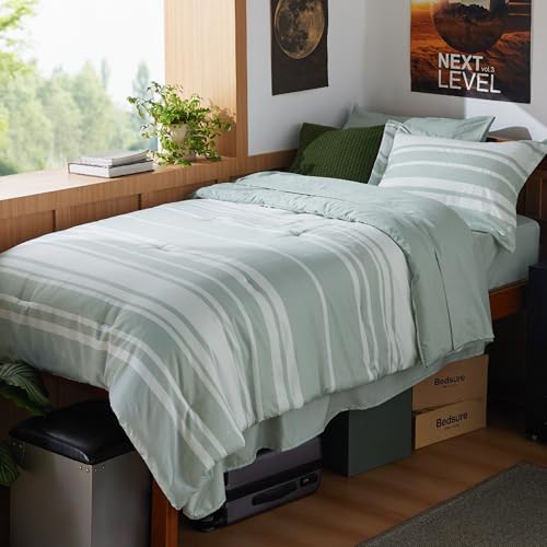 Image of Bedsure Twin XL Comforter Set 5 Pieces, Sage Green Striped Bedding Set for All Seasons, Reversible, Cationic Dyeing Bed in a Bag with Comforter, Sheets, Pillowcase & Sham