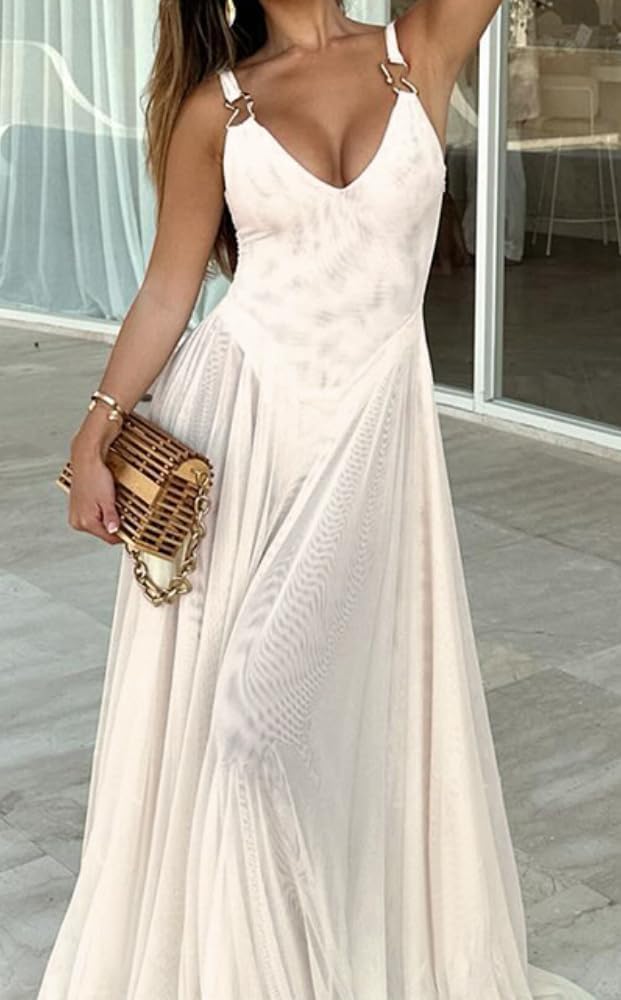 Women's Sexy Deep V-Neck Retro Sleeveless Solid Color Mesh A-line Dress Lace Cocktail Party Wedding Dress - Image 4