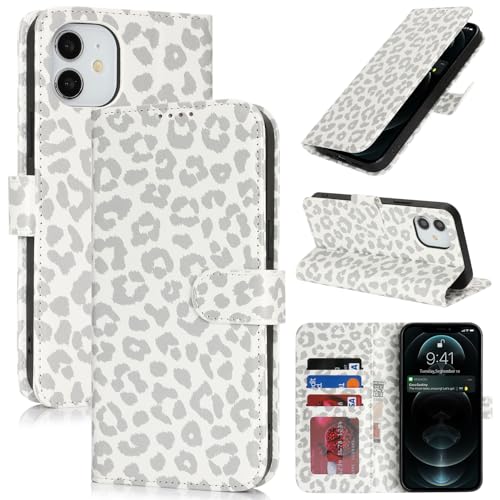 Image of for iPhone 12 Case Wallet with Card Holder,for iPhone 12 Pro Wallet Case for Women Men,PU Leather Shockproof Magnetic Buckle Stand Flip Phone Case-White Leopard