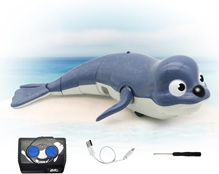 Amphibious RC Seal Toy 2.4G Pool & Land water toys for Kids 3-12 blue | Waterproof remote control Swimming Robot with USB-C, Cute Bath Toy for kids gift 3+