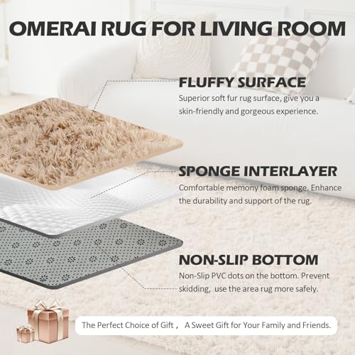OMERAI Living Room Rugs Anti Slip Rug Fluffy Faux Fur Rug Bedroom Velvet Carpet Plush Shaggy Area Rug Modern Floor Mat for Home Decor (Beige,90x150cm) - Image 5