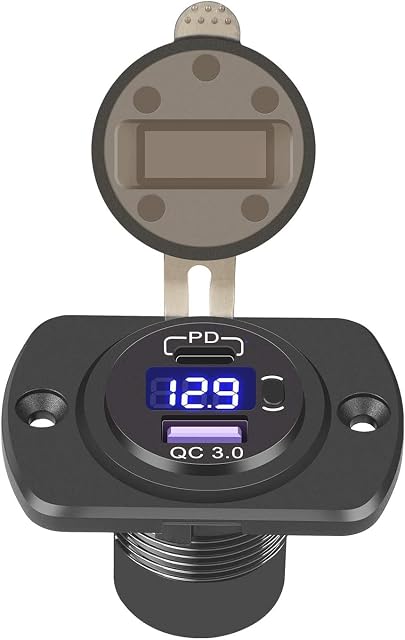 Linkstyle 12V USB C Car Charger Socket, 30W PD Type C & QC 3.0 Car Power Outlet Charger Panel Waterproof with Switch LED Voltmeter for Car Motorcycle Boat Truck Marine Motorcycle RV ATV iPhone/Galaxy