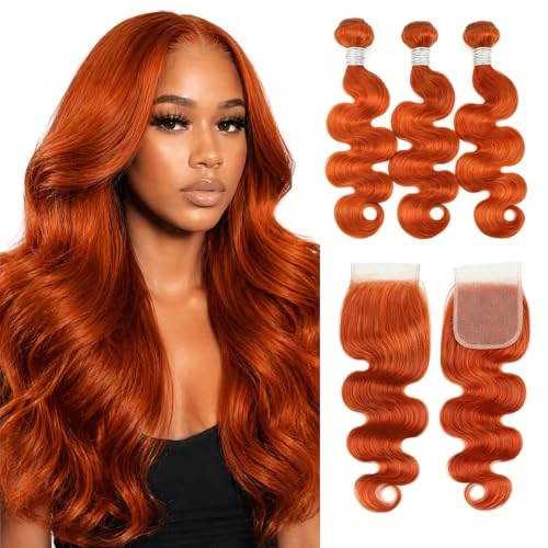 Realloves 350 Color Body Wave Human Hair Bundles with Closure 100% Brazilian Unprocessed Hair Ginger Bundles and 4x4 HD Lace Free Part 18 20 22+18 Inch