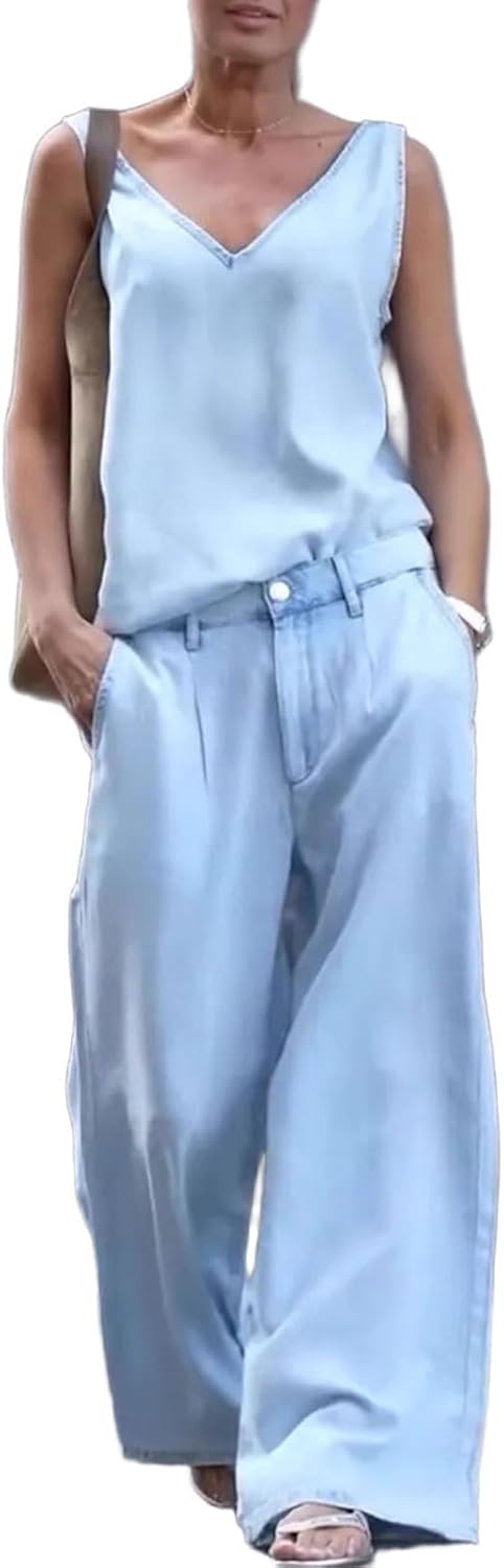 CHARTOU Women Lightweight Jean Tank Top Denim Pants Sets 2 Piece Outfits Wide Leg Baggy Jeans with Pockets