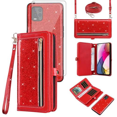 Asuwish Phone Case for Moto G Stylus 5G 2021 Zipper Wallet Cell Cover with Tempered Glass Screen Protector Strap Bling Glitter Flip Card Holder Slot Motorola GStylus G5 XT2131DL Women Men Girls Red
