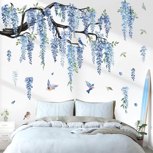 decalmile Stickers Muraux Grand Branche de Fleurs Bleues Autocollant Mural Pendantes Fleurs Branche Arbre Oiseaux Décoration Murale Chambre Fille Chambre...