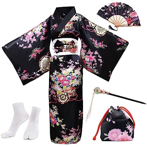 PLULON 5Pcs Japanese Robe Geisha Yukata Dress Blossom Satin Bathrobe with Drawstring Bag Hand Fan Hairpin Tabi Socks Set for Women Cover
