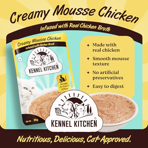 Image of Kennel Kitchen Creamy Mousse Chicken 35g Pouch (Pack of 12), Wet Cat Food for Adult & Kittens, Infused with Chicken Broth, High Protein, Easy to Digest, High-Moisture Wet Food for Healthy Hydration