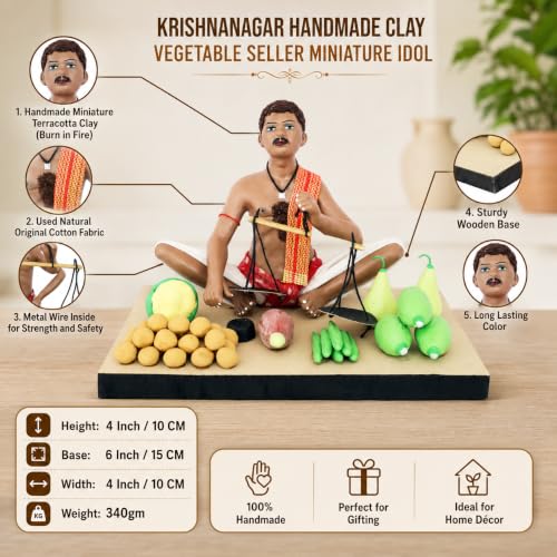 Image of Krishnanagar Handmade Clay Gift & Decor | Standard- Sitting Human Figure Miniature Idol - Vegetable Seller