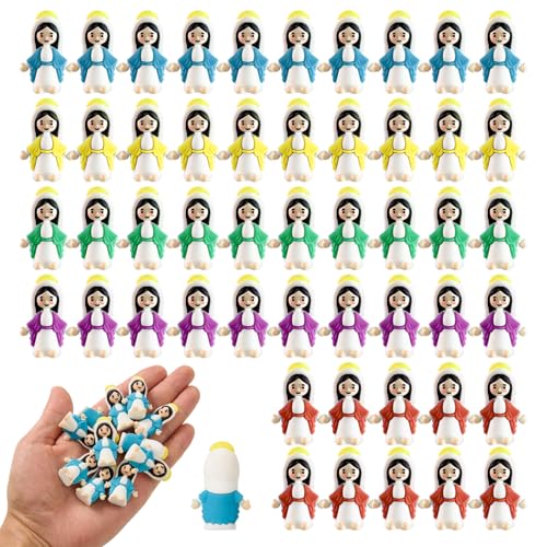 Hbbgdiy Mini Virgen María Figuras 50pcs Figuras de Jesús Estatuas católicas en Miniatura Religiosa para la Fiesta de Navidad Favores de oración en el hogar Set Colorido
