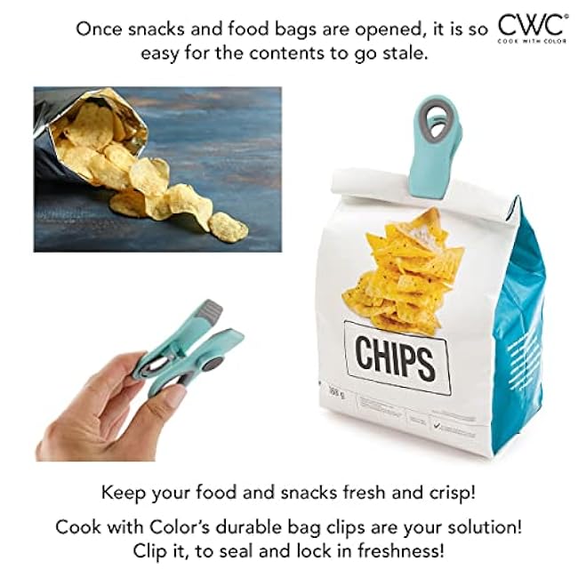 COOK WITH COLOR Bag Clips with Magnet- Food Clips, Chip Clips, Bag Clips for Food Storage with Airtight Seal Grip for Bread Bags, Snack Bags and Food Bags (Blue Ombre, Pack of 10)
