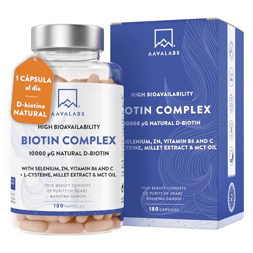 Biotina Natural 10000 mcg con Selenio, Zinc, Vitamina B6 y C, L cisteína, Mijo y Aceite MCT Vitaminas Para el Cabello, Piel y Uñas Vegana Biotina 180 Biotin cápsulas para el Pelo