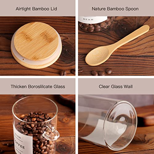 Image of CZZGSM Glass Jar with Bamboo Lid and Spoon - 4 Pcs 17 oz Sugar Container with 132 Food Pantry Labels - Glass Containers with Wooden Lids Hold Coffee, Tea, Candy
